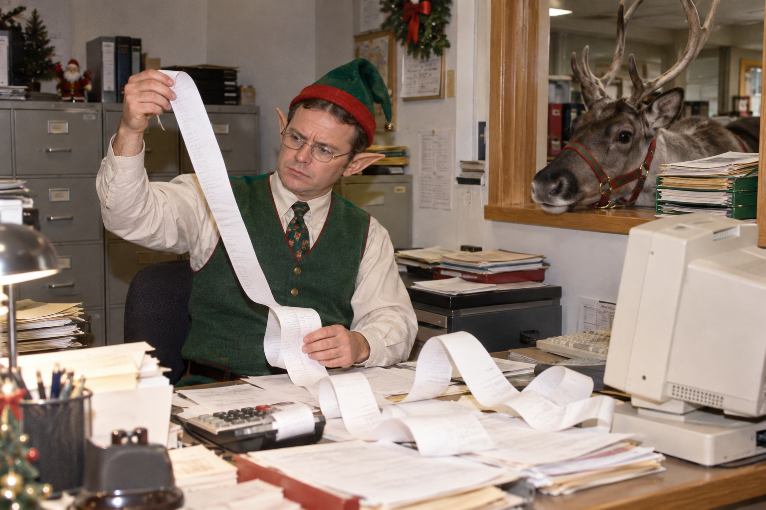 An elf accountant reviews a long receipt while a reindeer waits at the office window.